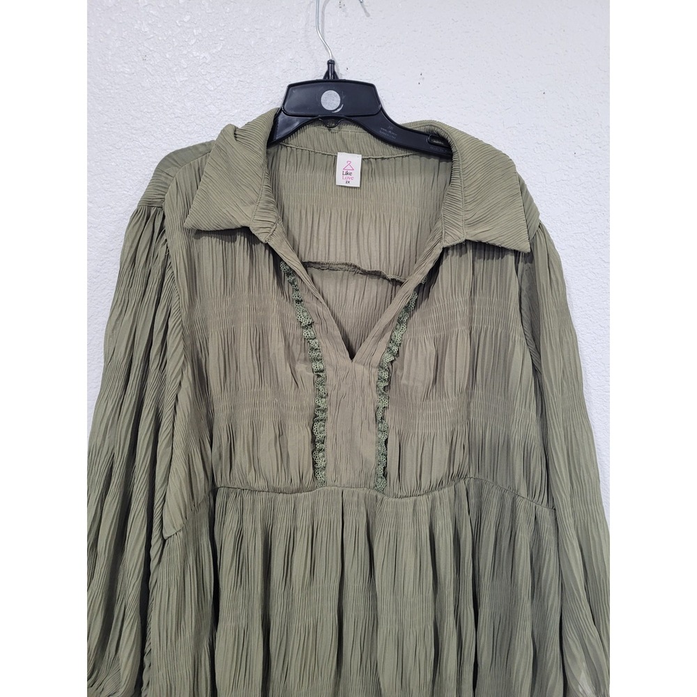 Like Love Olive Green Crinkle Tiered Maxi Dress 2X‎ Button Front Collared #1 - Picture 2 of 5